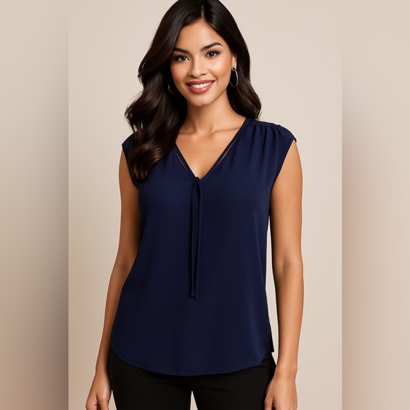LOFT Tops - LOFT Navy Tie-Neck Sleeveless Blouse S – Sheer Front, Flowy Knit Back, Work-Chic